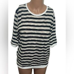 LU & RU STRIPED POINTELLE KNIT TOP WOMENS SHORT SLEEVES COLOR TAN/BLACK SIZE XL